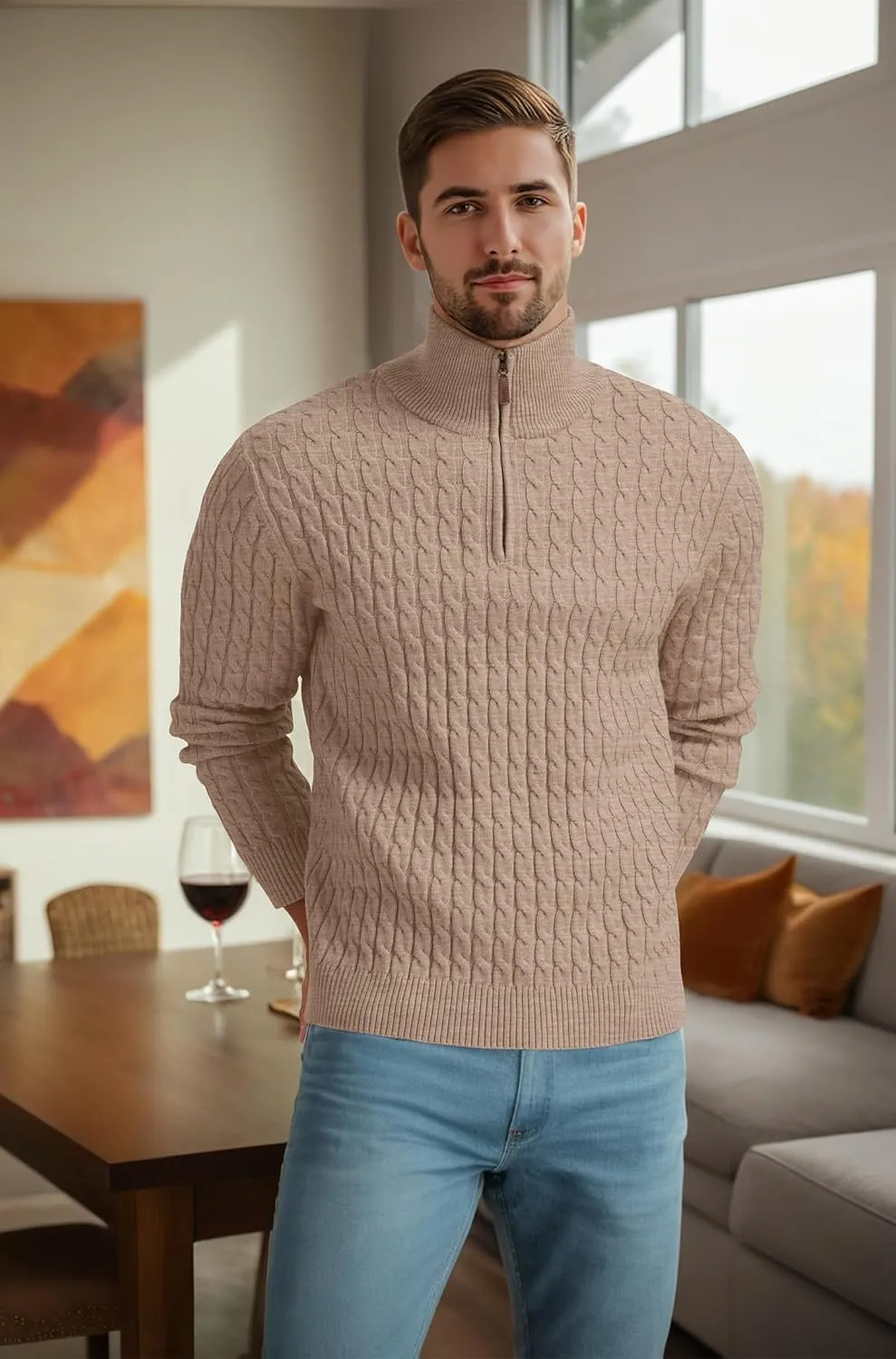 Askdeer Men's Quarter Zip Sweater Cable Knit Sweater Mock Neck Polo Sweater Casual Pullover Sweater with Ribbing Edge