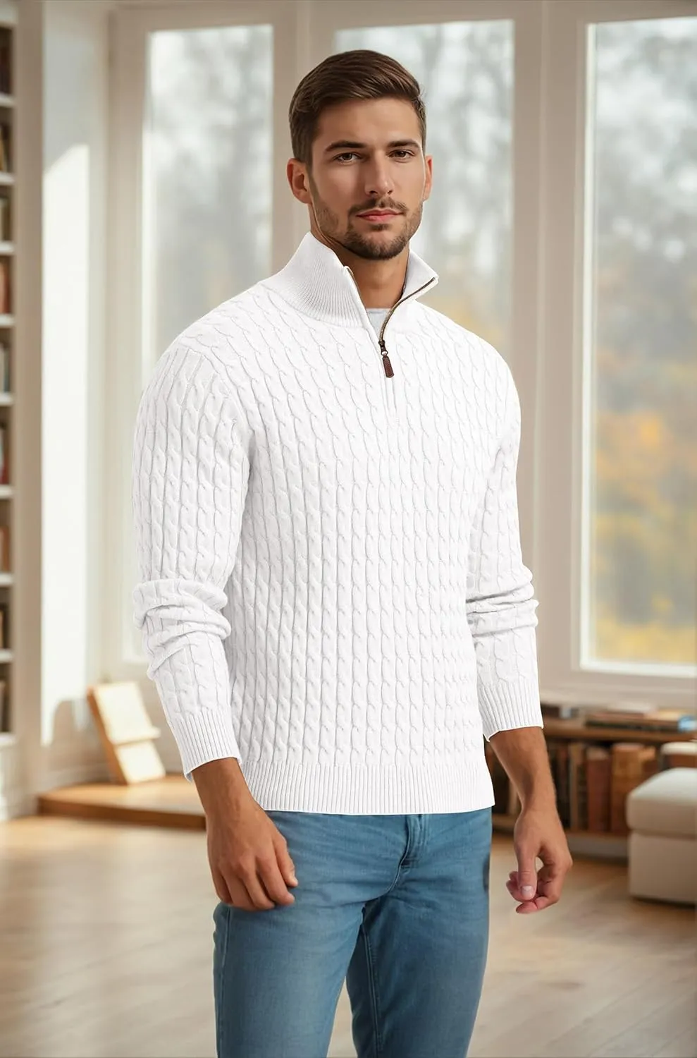 Askdeer Men's Quarter Zip Sweater Cable Knit Sweater Mock Neck Polo Sweater Casual Pullover Sweater with Ribbing Edge