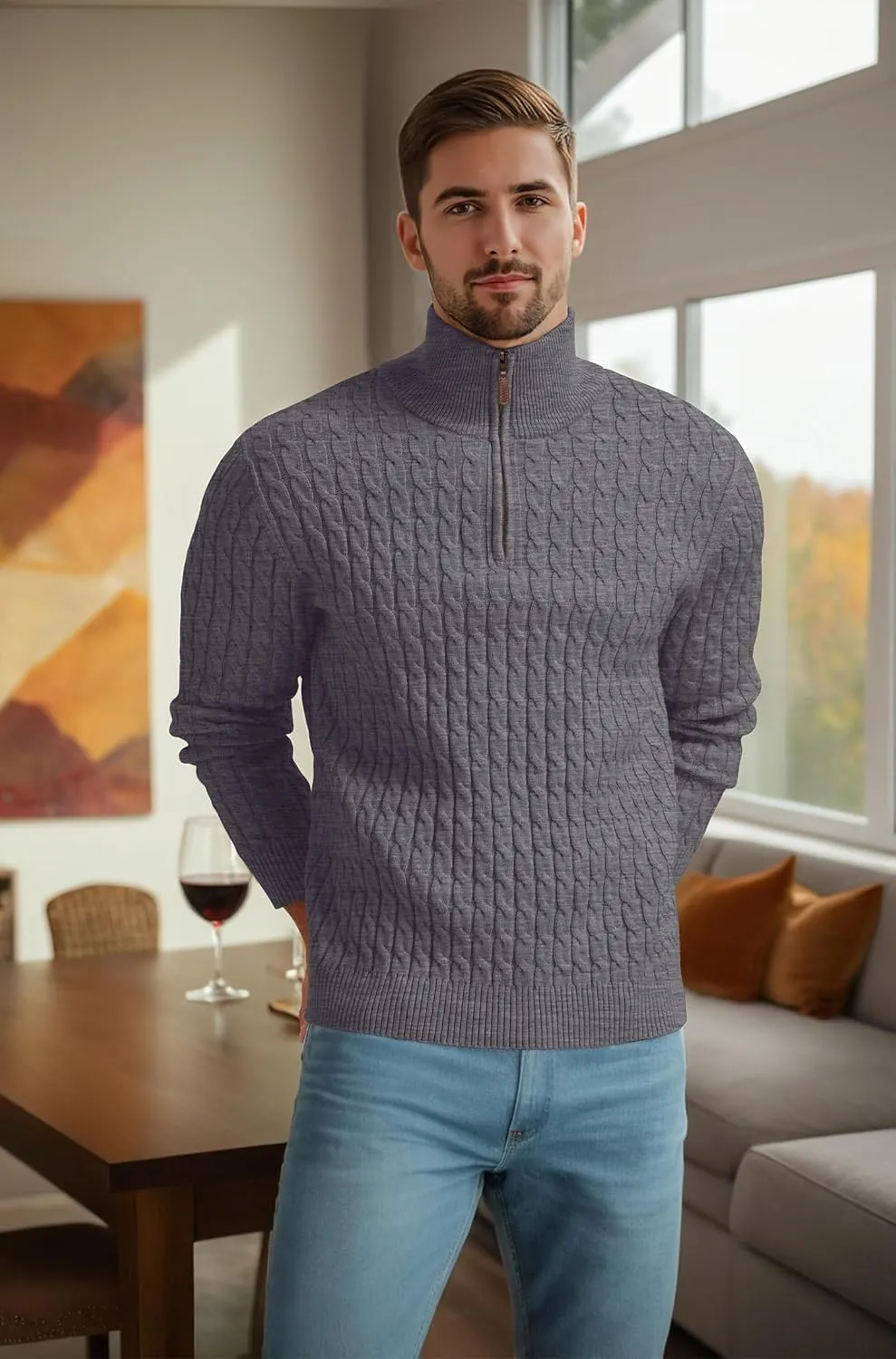 Askdeer Men's Quarter Zip Sweater Cable Knit Sweater Mock Neck Polo Sweater Casual Pullover Sweater with Ribbing Edge