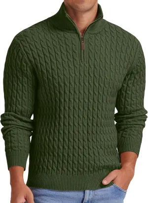 Askdeer Men's Quarter Zip Sweater Cable Knit Sweater Mock Neck Polo Sweater Casual Pullover Sweater with Ribbing Edge
