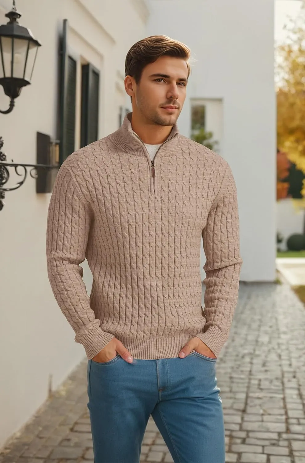 Askdeer Men's Quarter Zip Sweater Cable Knit Sweater Mock Neck Polo Sweater Casual Pullover Sweater with Ribbing Edge