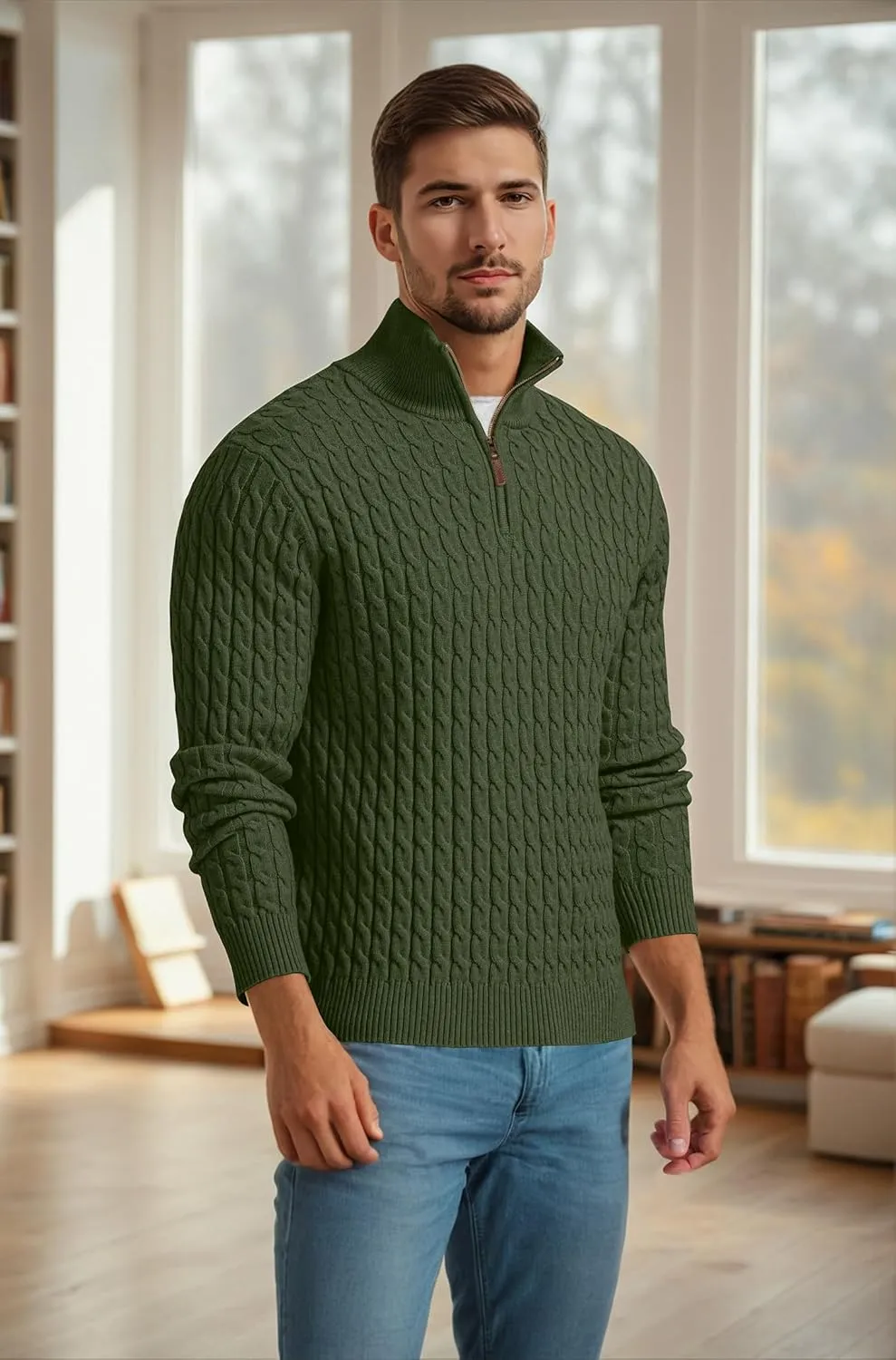 Askdeer Men's Quarter Zip Sweater Cable Knit Sweater Mock Neck Polo Sweater Casual Pullover Sweater with Ribbing Edge