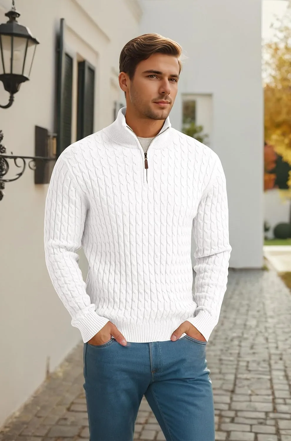Askdeer Men's Quarter Zip Sweater Cable Knit Sweater Mock Neck Polo Sweater Casual Pullover Sweater with Ribbing Edge