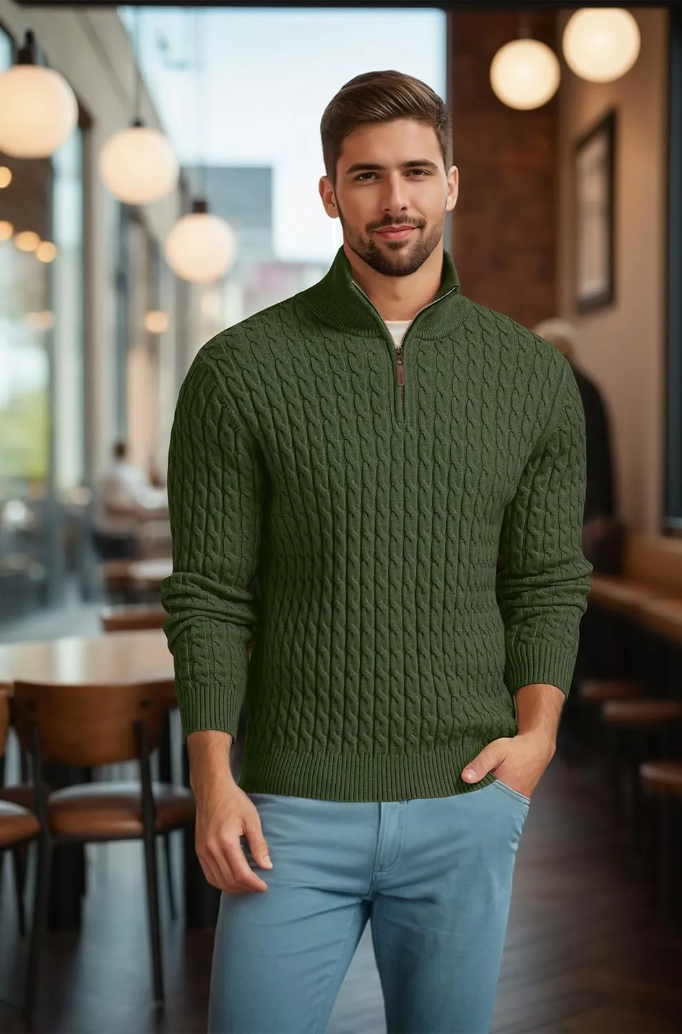Askdeer Men's Quarter Zip Sweater Cable Knit Sweater Mock Neck Polo Sweater Casual Pullover Sweater with Ribbing Edge
