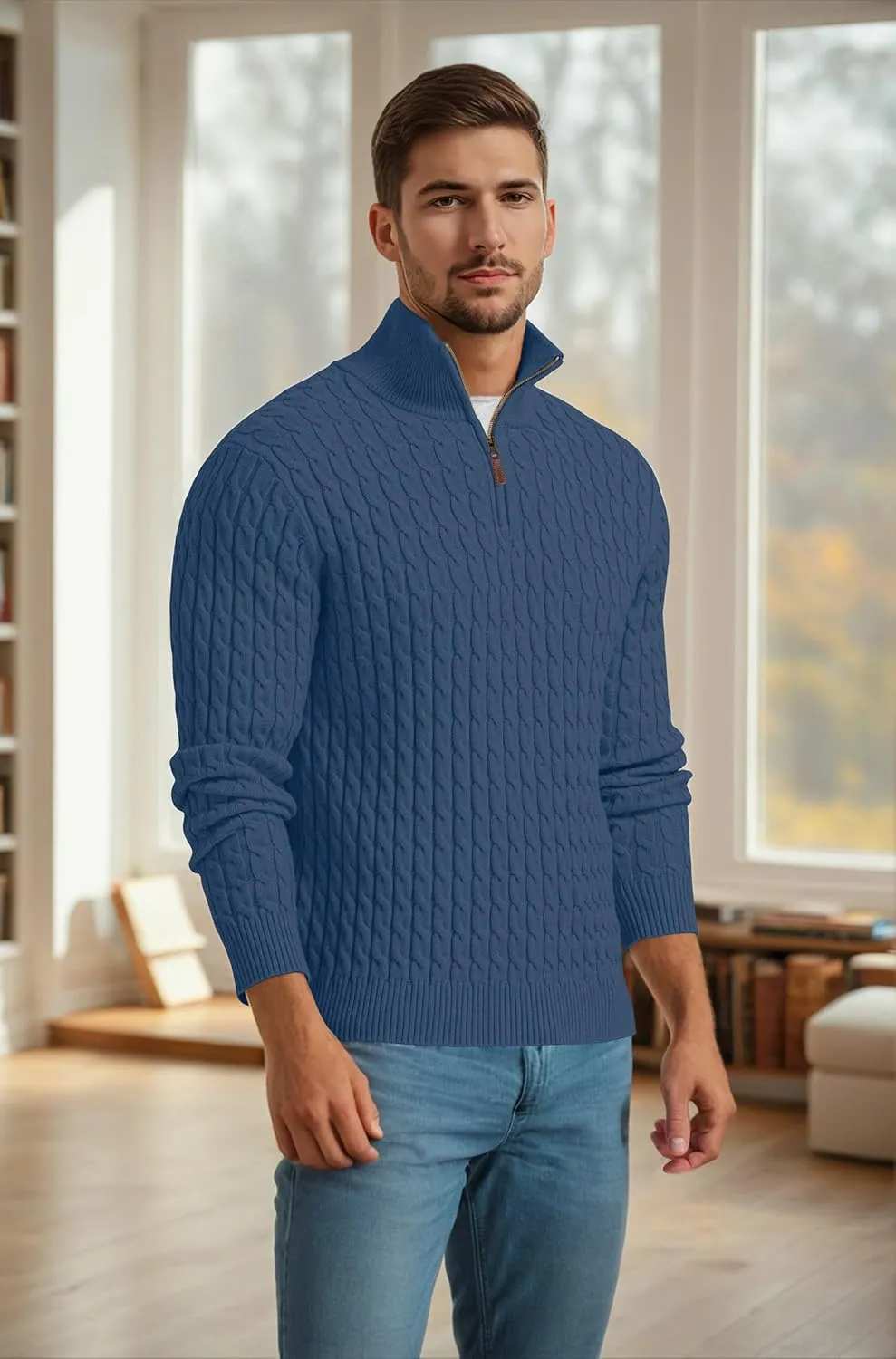 Askdeer Men's Quarter Zip Sweater Cable Knit Sweater Mock Neck Polo Sweater Casual Pullover Sweater with Ribbing Edge