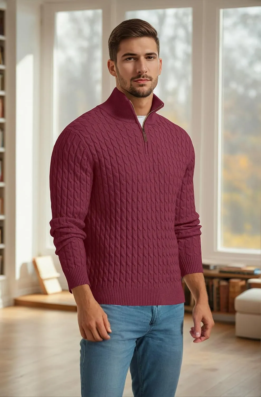 Askdeer Men's Quarter Zip Sweater Cable Knit Sweater Mock Neck Polo Sweater Casual Pullover Sweater with Ribbing Edge