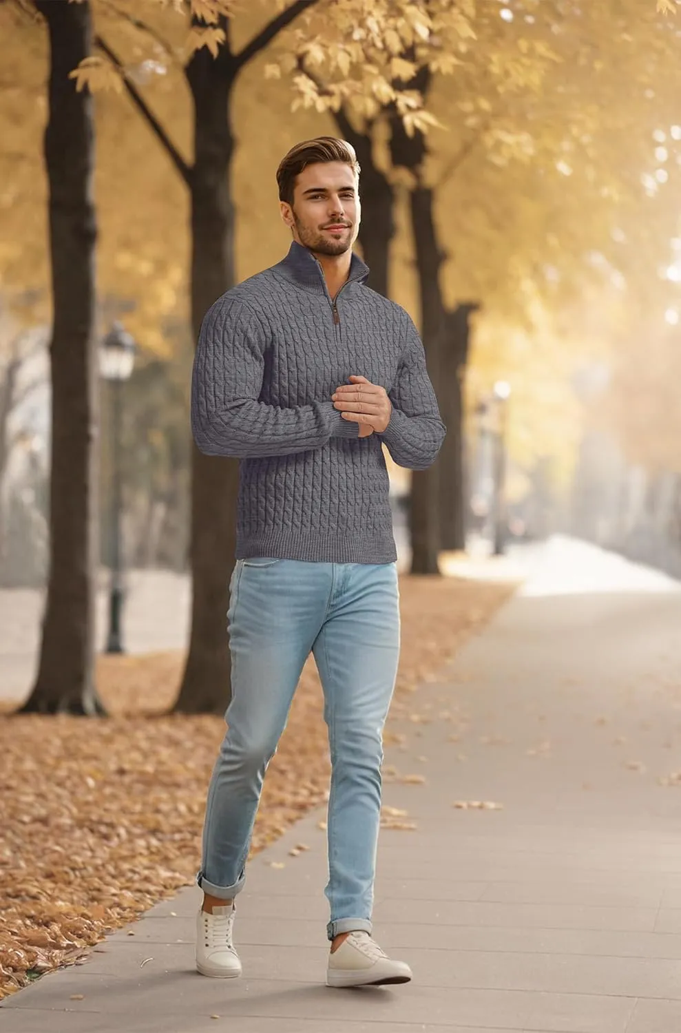Askdeer Men's Quarter Zip Sweater Cable Knit Sweater Mock Neck Polo Sweater Casual Pullover Sweater with Ribbing Edge