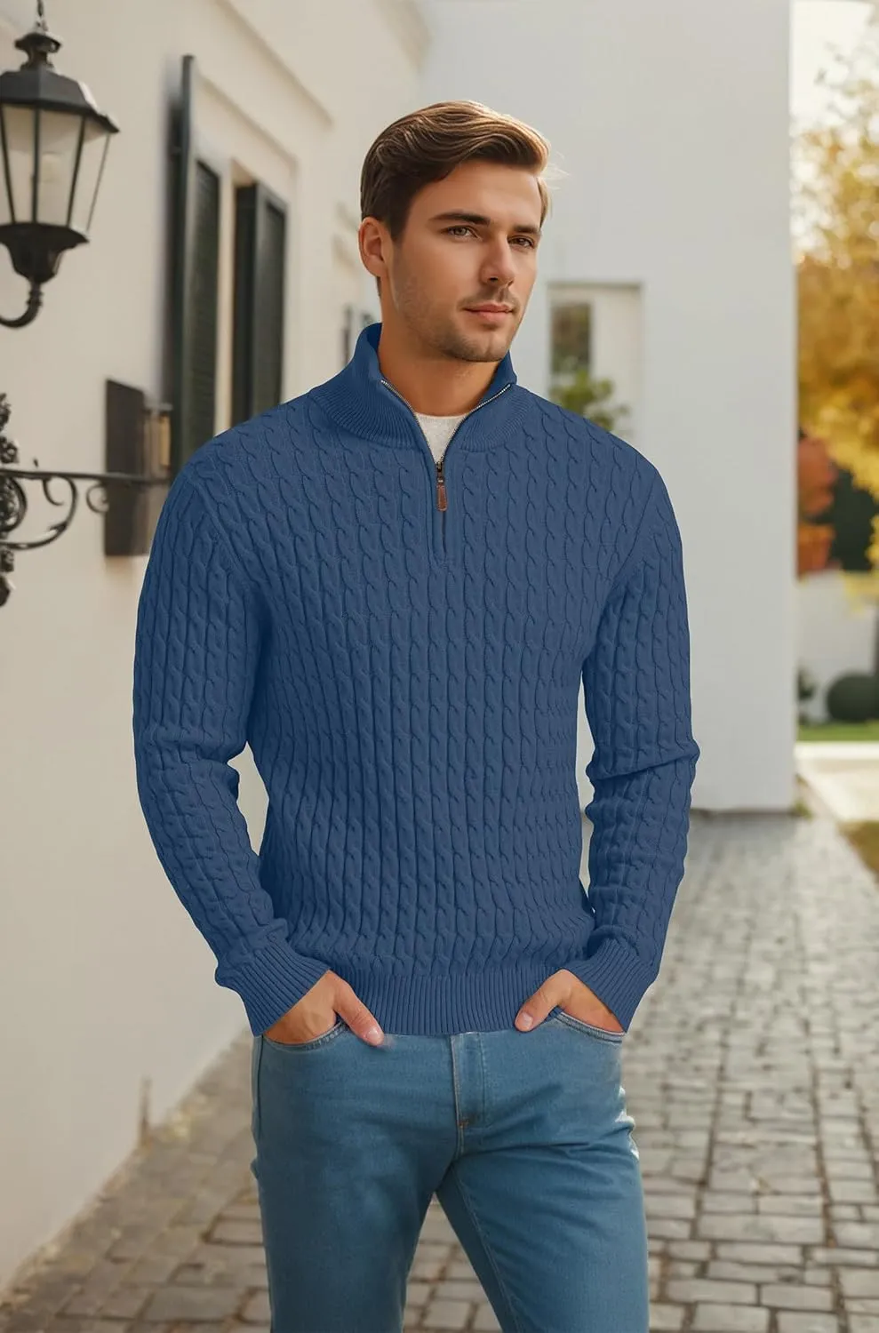 Askdeer Men's Quarter Zip Sweater Cable Knit Sweater Mock Neck Polo Sweater Casual Pullover Sweater with Ribbing Edge
