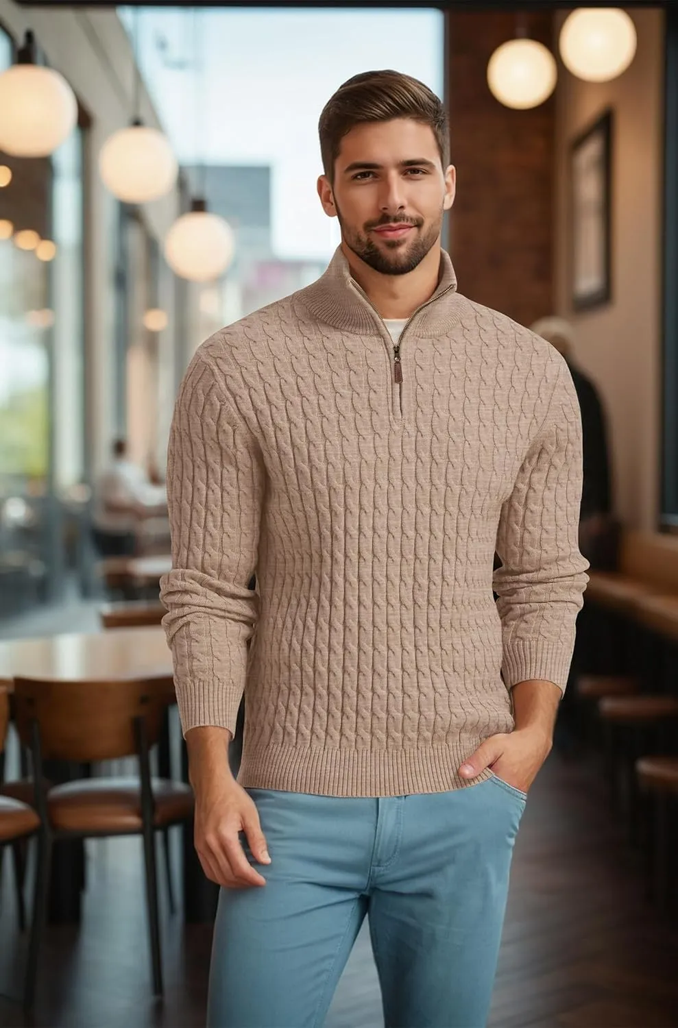 Askdeer Men's Quarter Zip Sweater Cable Knit Sweater Mock Neck Polo Sweater Casual Pullover Sweater with Ribbing Edge