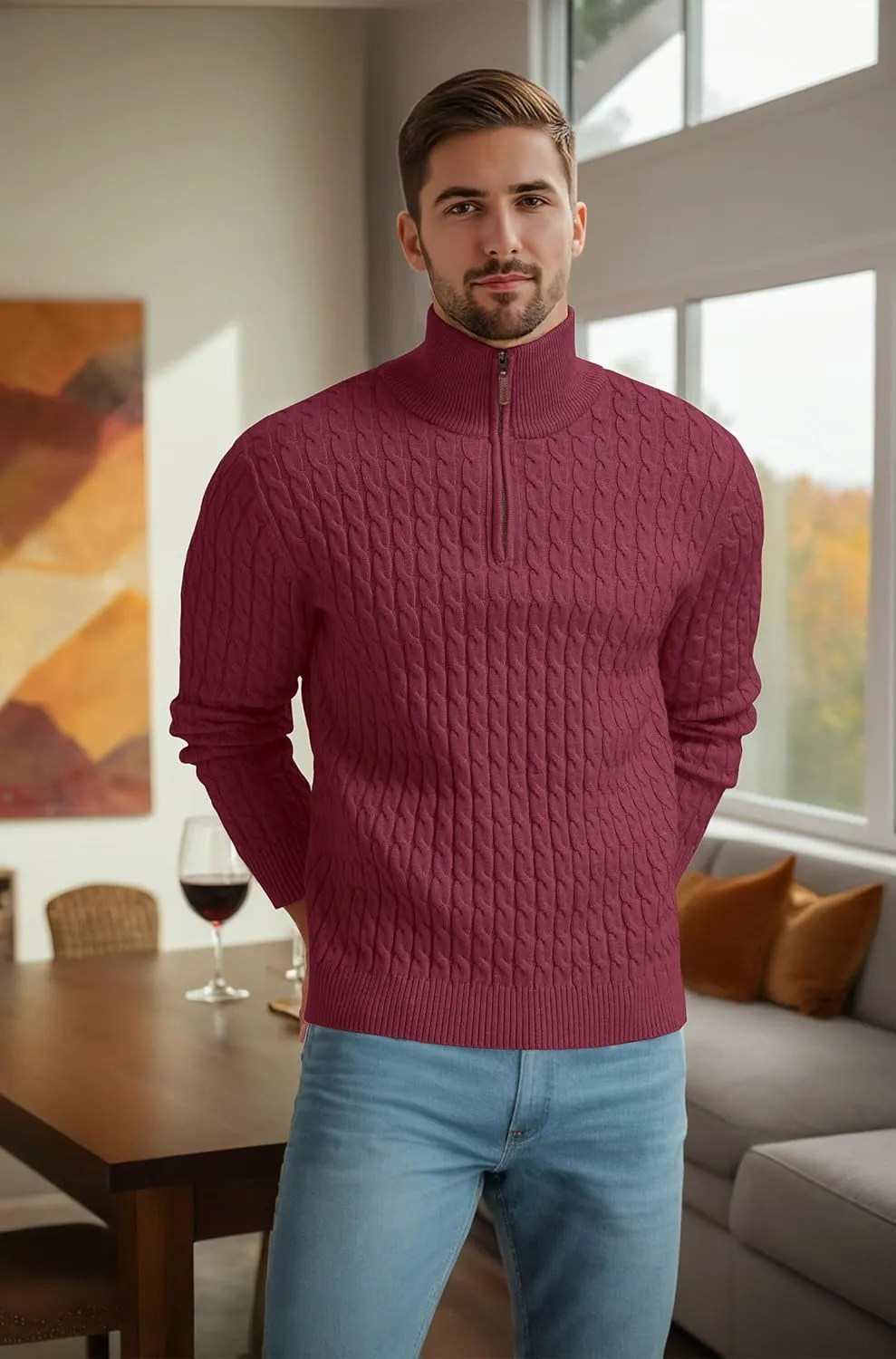Askdeer Men's Quarter Zip Sweater Cable Knit Sweater Mock Neck Polo Sweater Casual Pullover Sweater with Ribbing Edge