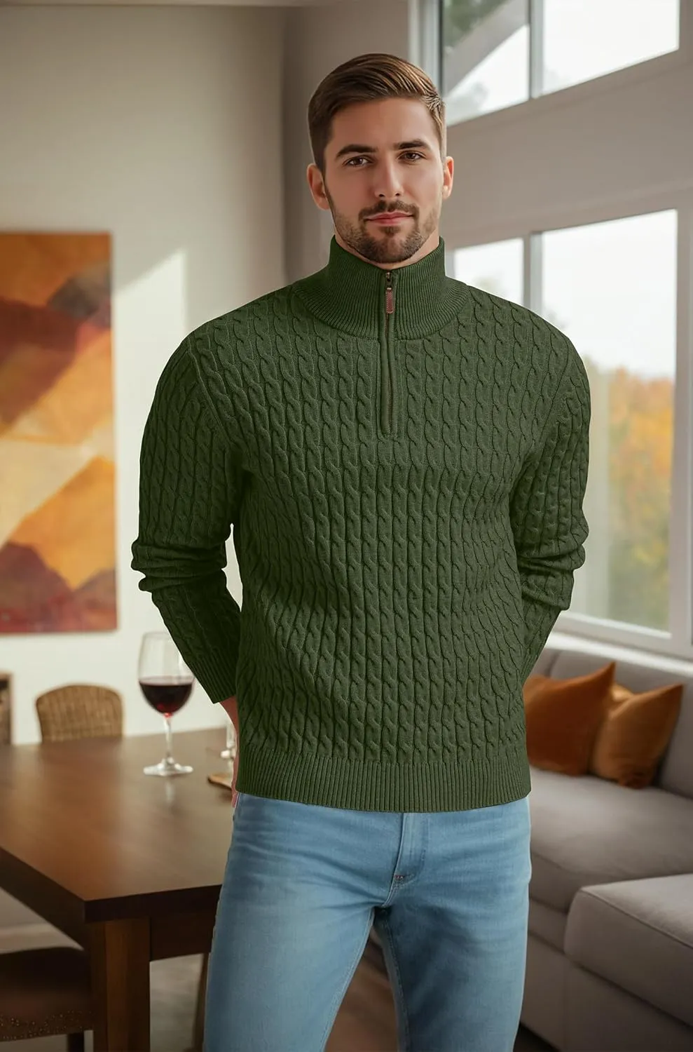 Askdeer Men's Quarter Zip Sweater Cable Knit Sweater Mock Neck Polo Sweater Casual Pullover Sweater with Ribbing Edge