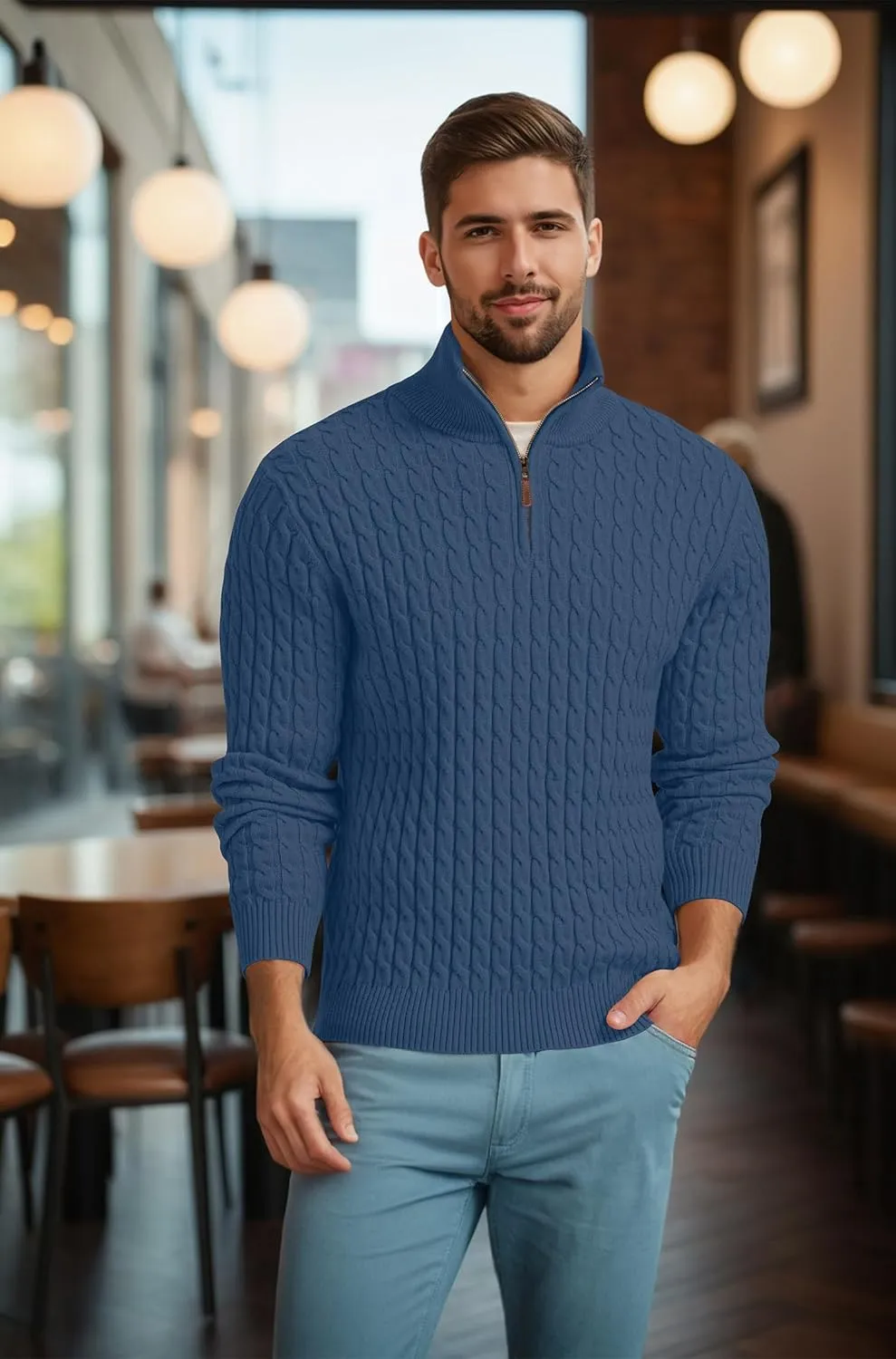 Askdeer Men's Quarter Zip Sweater Cable Knit Sweater Mock Neck Polo Sweater Casual Pullover Sweater with Ribbing Edge