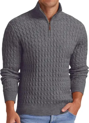 Askdeer Men's Quarter Zip Sweater Cable Knit Sweater Mock Neck Polo Sweater Casual Pullover Sweater with Ribbing Edge