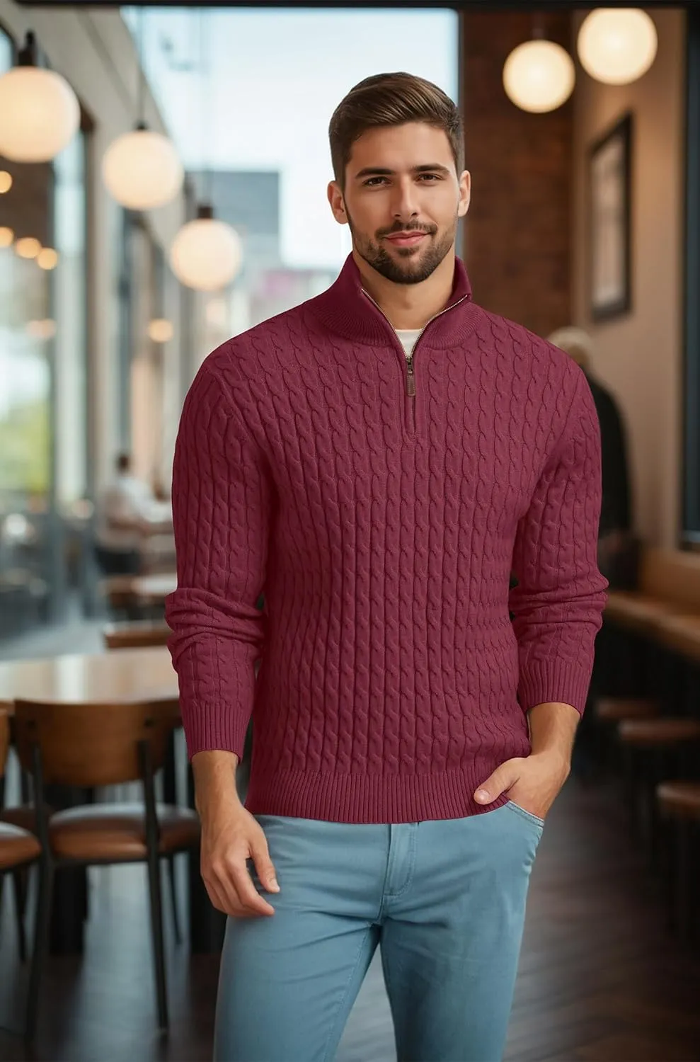 Askdeer Men's Quarter Zip Sweater Cable Knit Sweater Mock Neck Polo Sweater Casual Pullover Sweater with Ribbing Edge