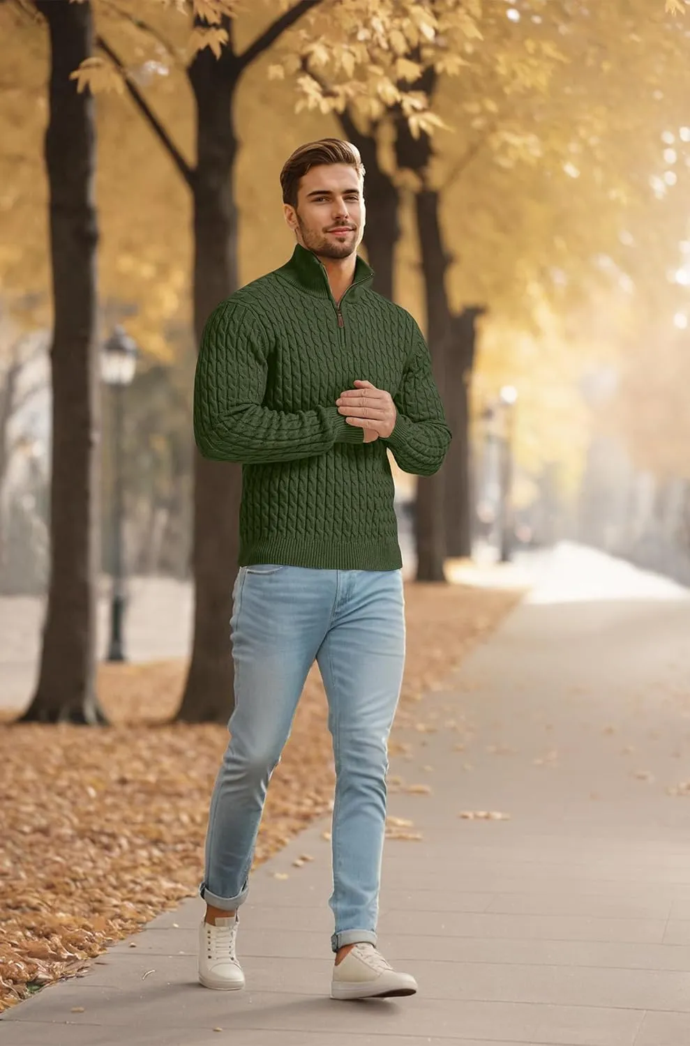 Askdeer Men's Quarter Zip Sweater Cable Knit Sweater Mock Neck Polo Sweater Casual Pullover Sweater with Ribbing Edge