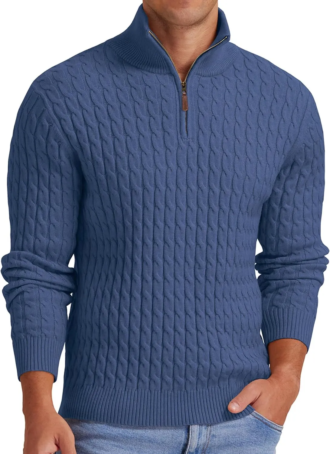 Askdeer Men's Quarter Zip Sweater Cable Knit Sweater Mock Neck Polo Sweater Casual Pullover Sweater with Ribbing Edge