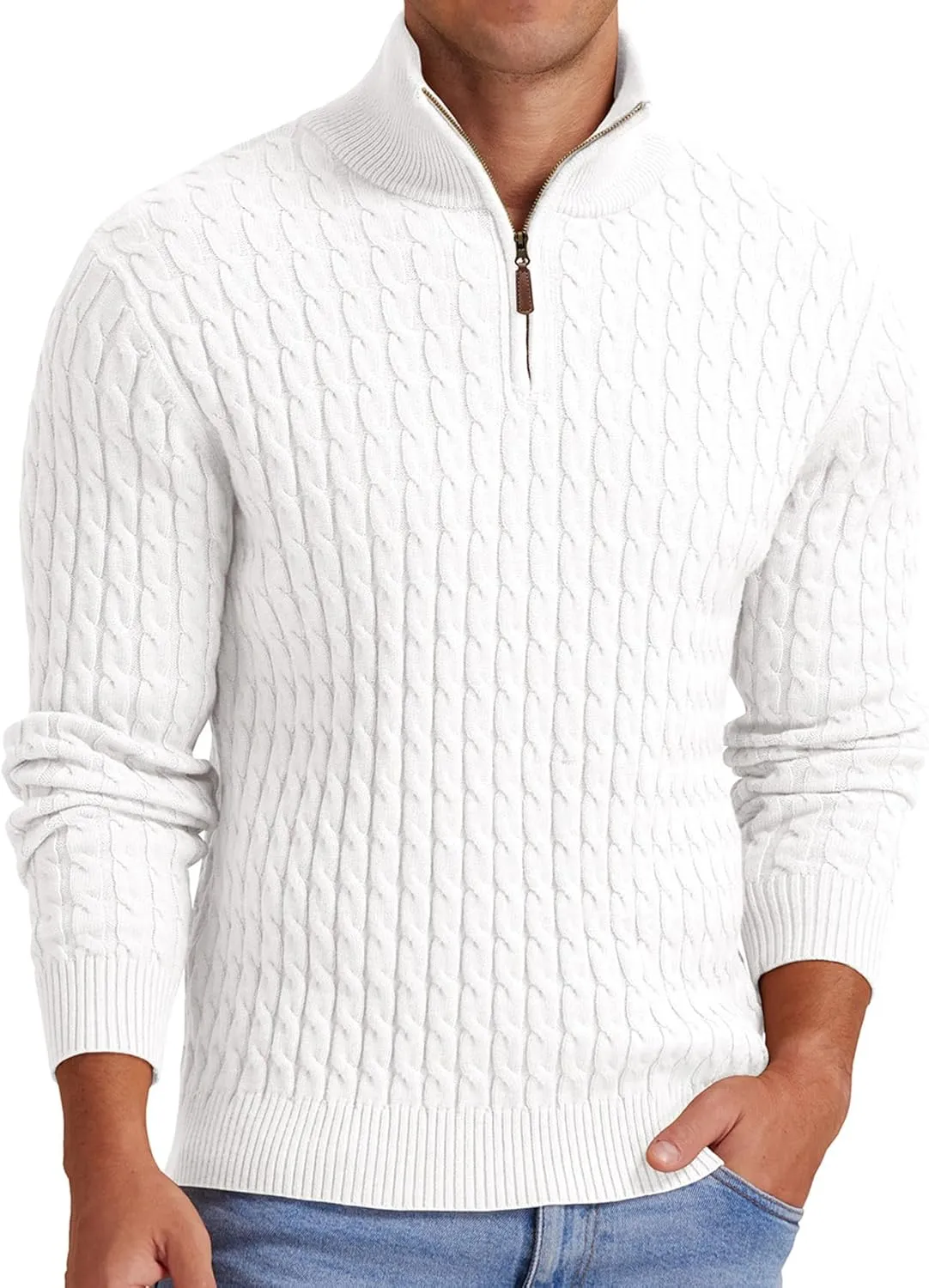Askdeer Men's Quarter Zip Sweater Cable Knit Sweater Mock Neck Polo Sweater Casual Pullover Sweater with Ribbing Edge