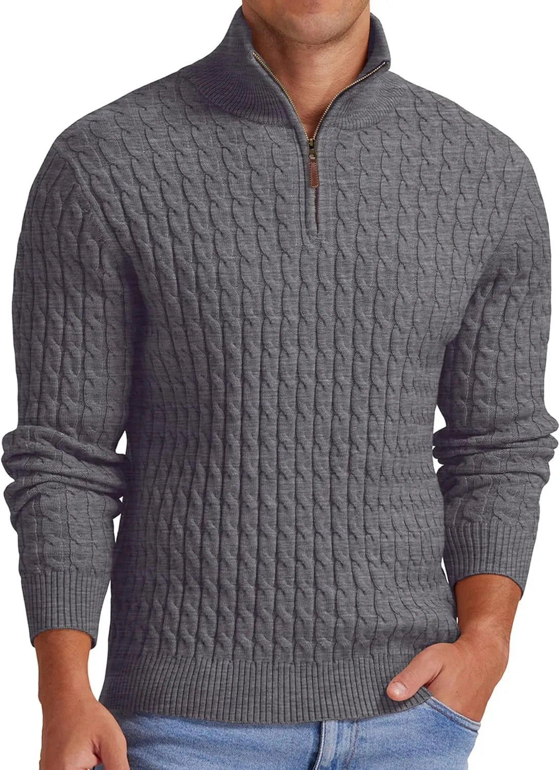 Askdeer Men's Quarter Zip Sweater Cable Knit Sweater Mock Neck Polo Sweater Casual Pullover Sweater with Ribbing Edge