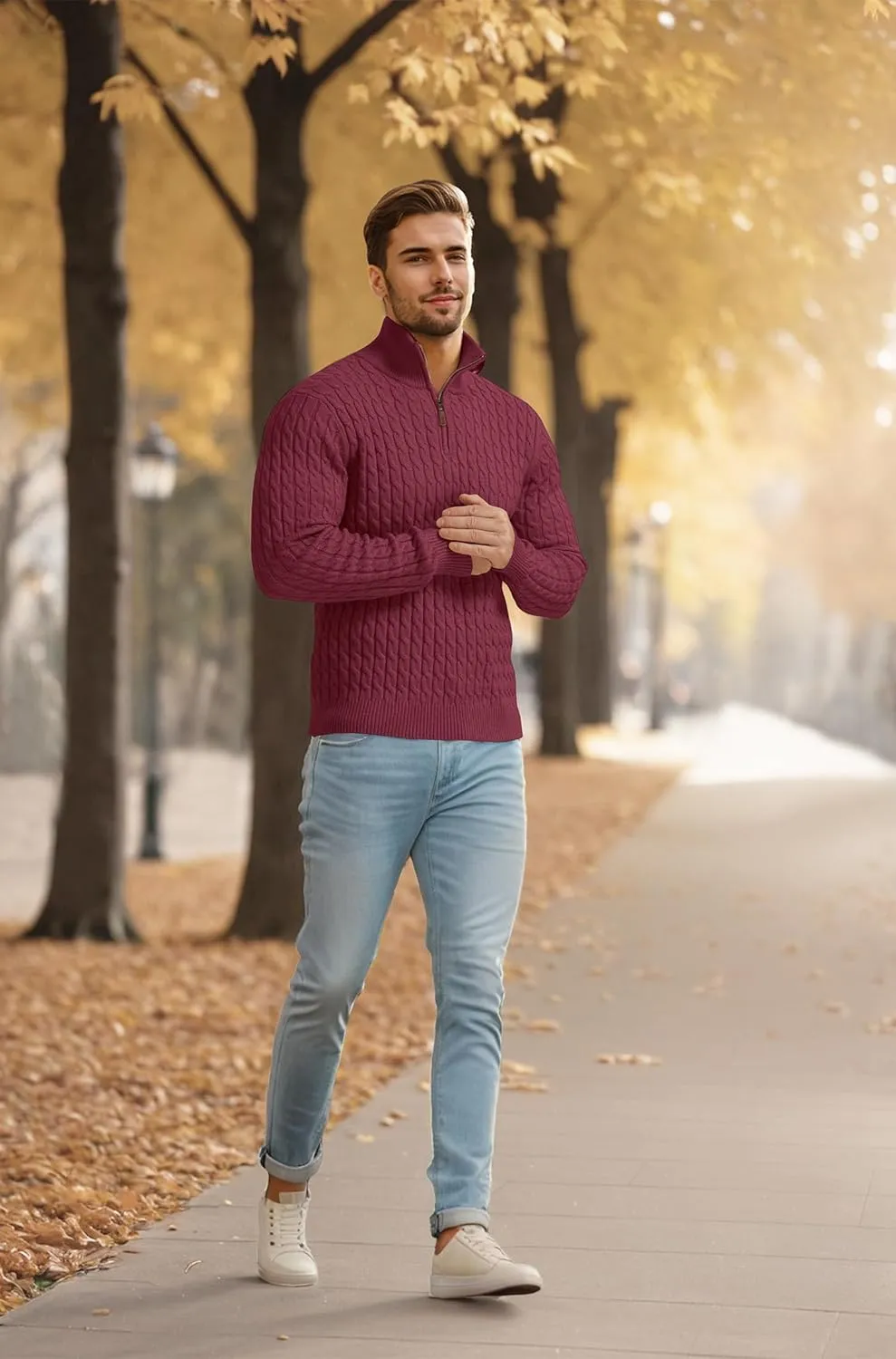 Askdeer Men's Quarter Zip Sweater Cable Knit Sweater Mock Neck Polo Sweater Casual Pullover Sweater with Ribbing Edge