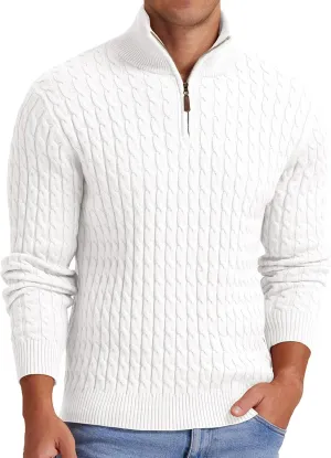Askdeer Men's Quarter Zip Sweater Cable Knit Sweater Mock Neck Polo Sweater Casual Pullover Sweater with Ribbing Edge
