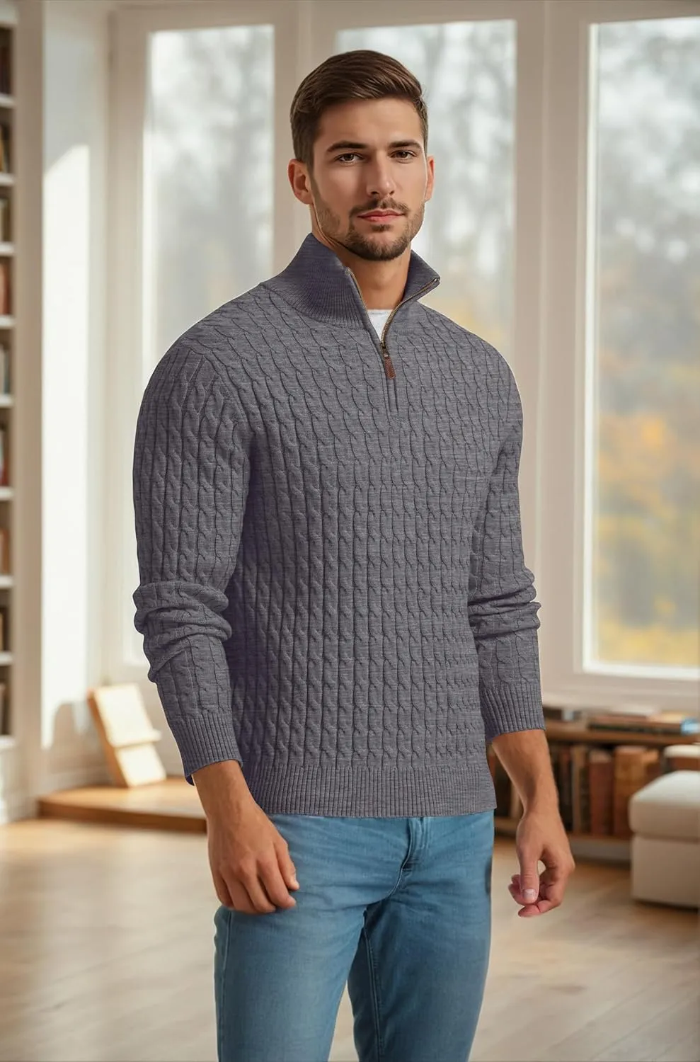 Askdeer Men's Quarter Zip Sweater Cable Knit Sweater Mock Neck Polo Sweater Casual Pullover Sweater with Ribbing Edge