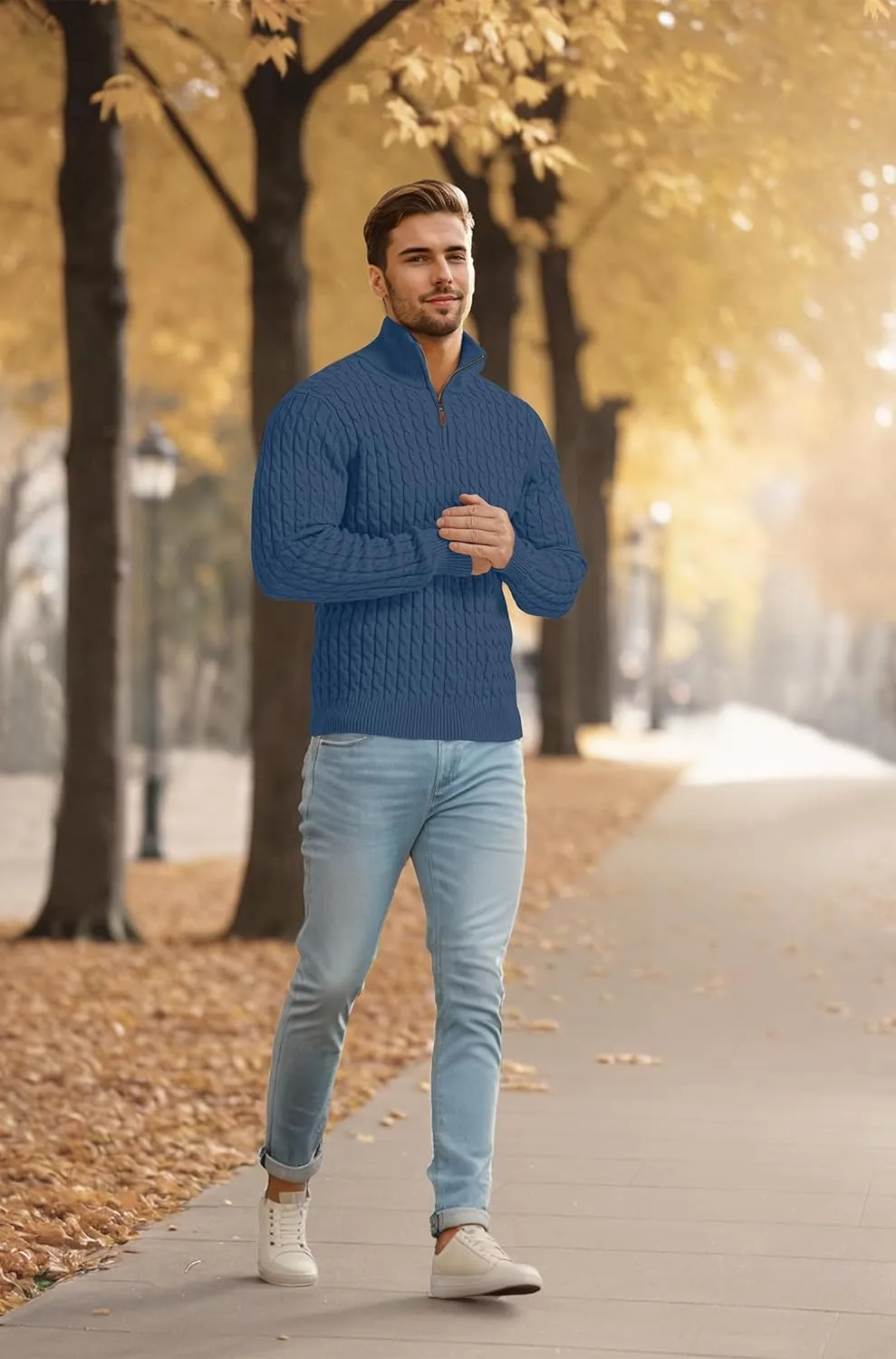 Askdeer Men's Quarter Zip Sweater Cable Knit Sweater Mock Neck Polo Sweater Casual Pullover Sweater with Ribbing Edge