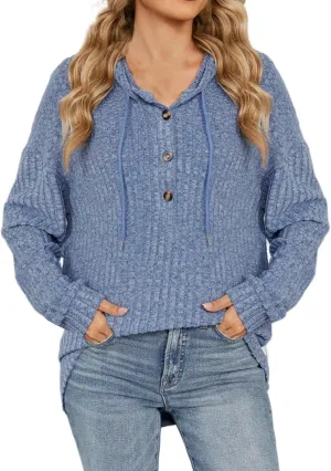 Autumn Slouchy Sweater Fashion Striped Knit Long Sleeve Drawstring Hooded Button Down Tunics Casual Party Work Tops