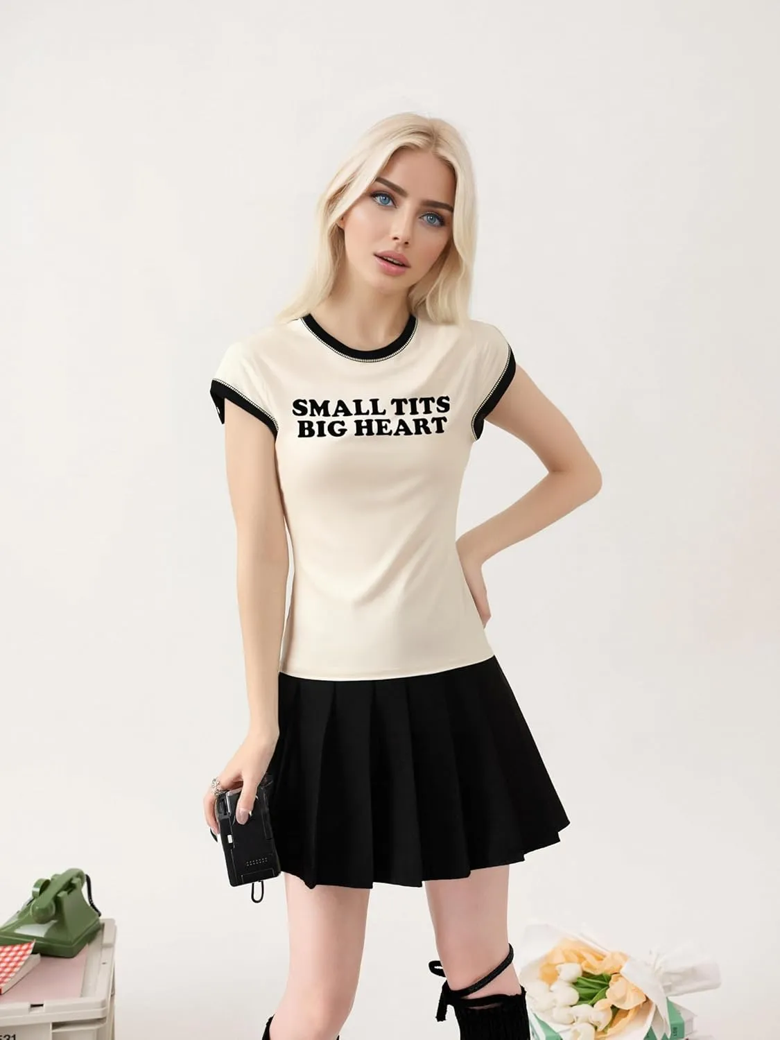 Baby Tees for Women Y2k Summer Beige Graphic Crop Tops Short Sleeve Teen Girls T-Shirts