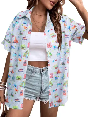 BANGELY Magic Shirt Women Magical Kingdom T-Shirt Funny Graphic Hawaiian Button Down Shirts Family Vacation Short Sleeve Tops