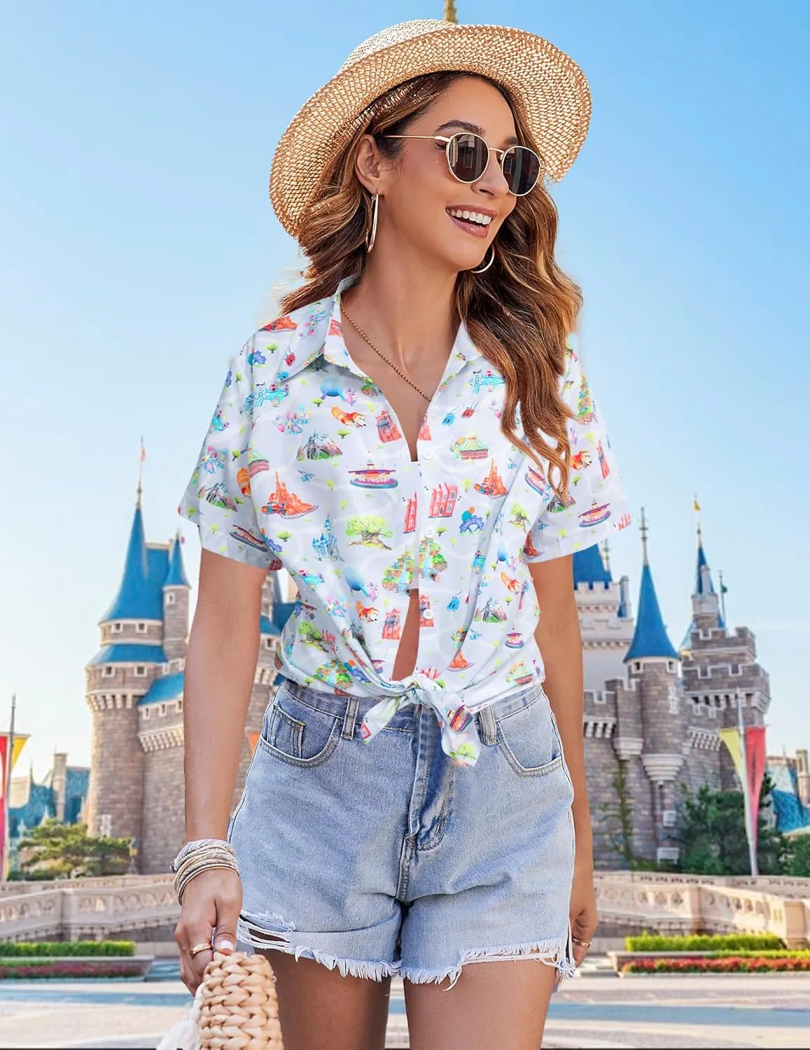 BANGELY Magic Shirt Women Magical Kingdom T-Shirt Funny Graphic Hawaiian Button Down Shirts Family Vacation Short Sleeve Tops
