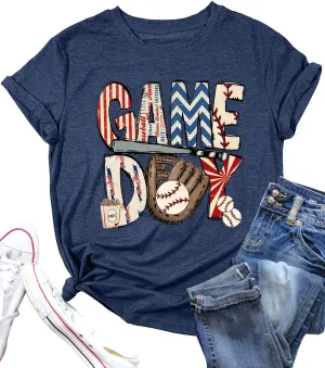 Baseball Game Day Tshirt Women Funny Letter Print Baseball Mom Shirt Vintage Graphic Tee Casual Short Sleeve Tops