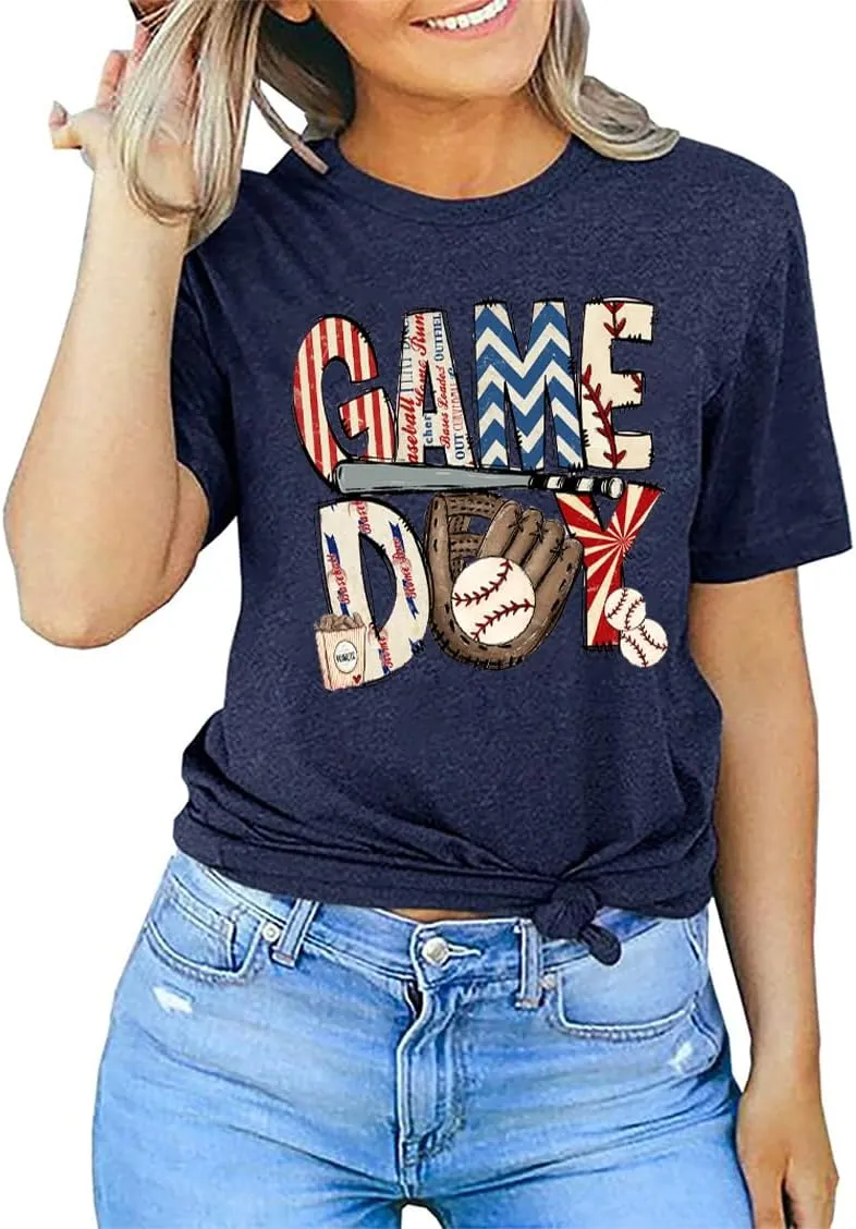 Baseball Game Day Tshirt Women Funny Letter Print Baseball Mom Shirt Vintage Graphic Tee Casual Short Sleeve Tops
