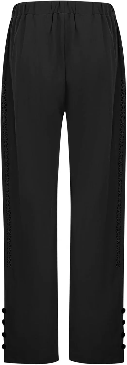 Beach Pants Women Summer Linen Capris Pants Drawstring Elastic Waisted Straight Leg Trousers with Pockets Casual Yoga Pants