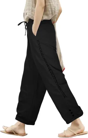 Beach Pants Women Summer Linen Capris Pants Drawstring Elastic Waisted Straight Leg Trousers with Pockets Casual Yoga Pants