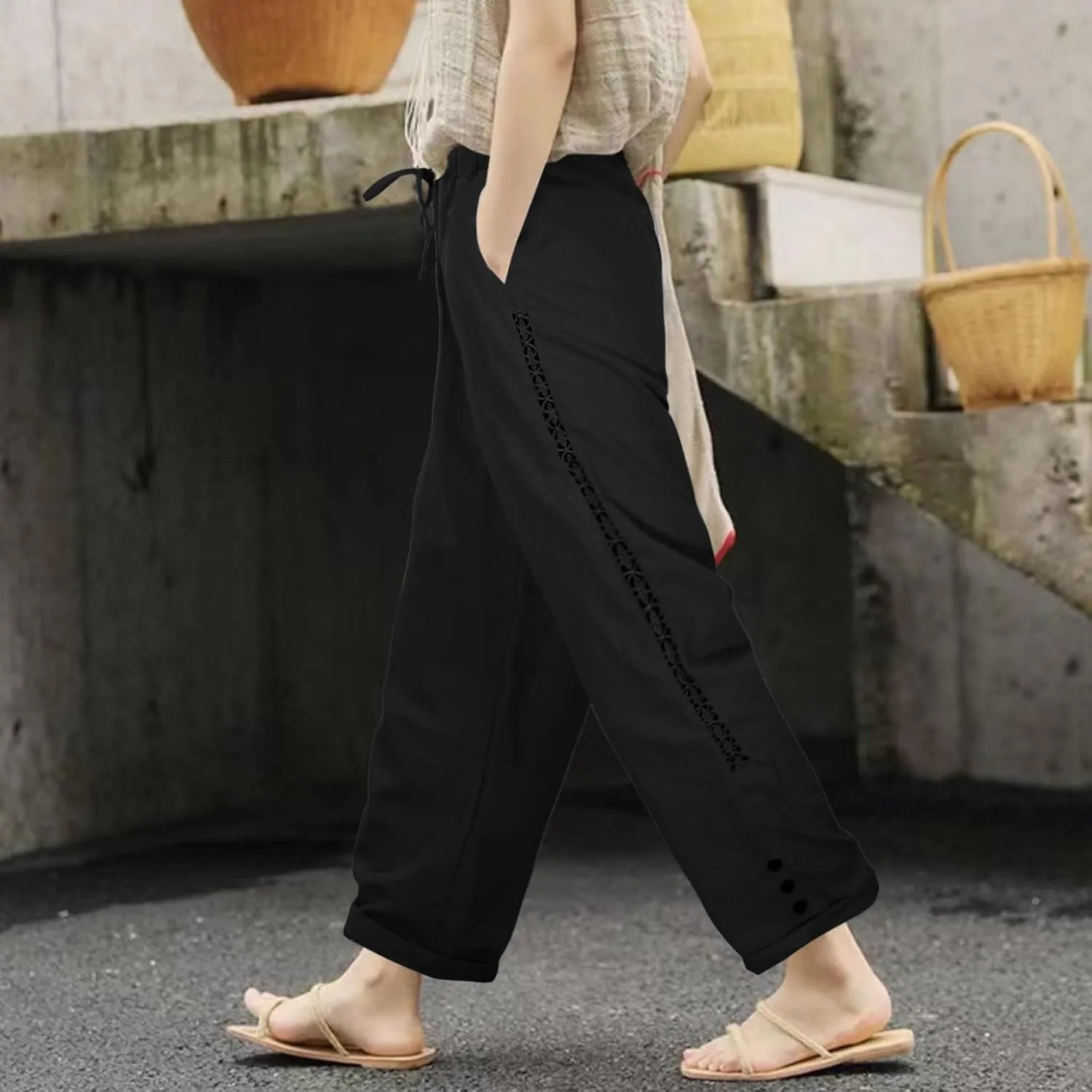 Beach Pants Women Summer Linen Capris Pants Drawstring Elastic Waisted Straight Leg Trousers with Pockets Casual Yoga Pants