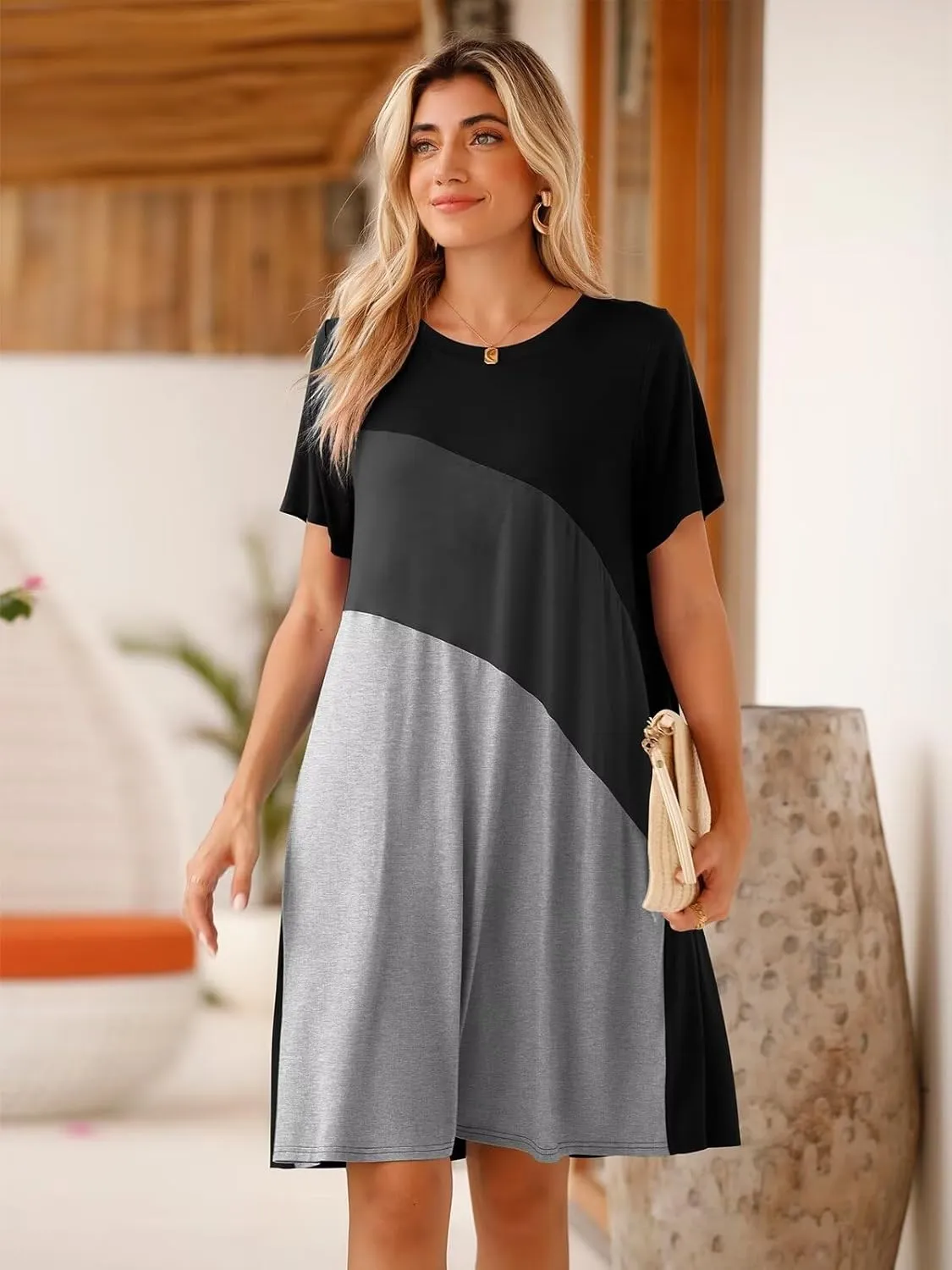 BELAROI Womens Plus Size Summer T Shirt Dresses Casual Swing Short Sleeve Patchwork Tunic Dress with Pockets