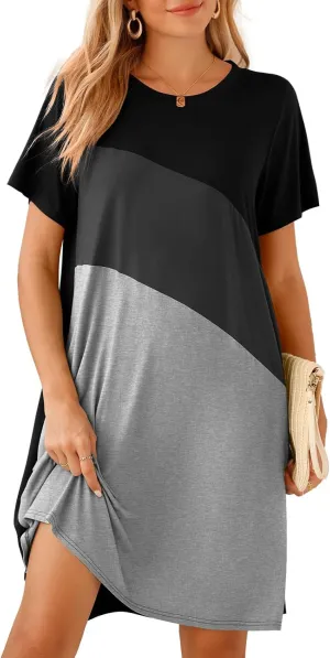 BELAROI Womens Plus Size Summer T Shirt Dresses Casual Swing Short Sleeve Patchwork Tunic Dress with Pockets