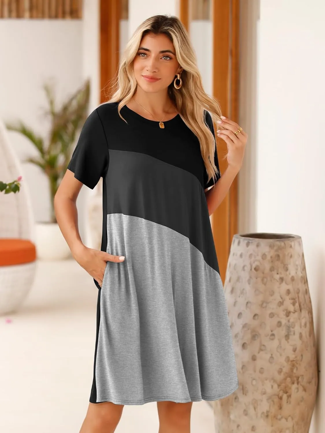 BELAROI Womens Plus Size Summer T Shirt Dresses Casual Swing Short Sleeve Patchwork Tunic Dress with Pockets