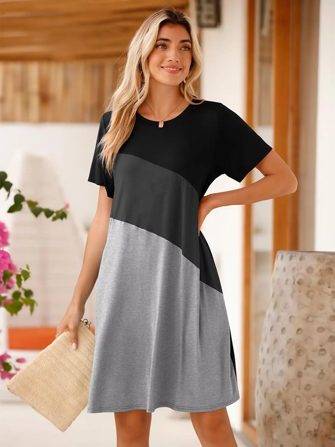BELAROI Womens Plus Size Summer T Shirt Dresses Casual Swing Short Sleeve Patchwork Tunic Dress with Pockets