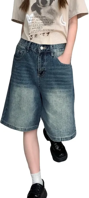 Bermuda Jean Shorts for Women A Line High Waisted Trendy Wide Leg Denim Shorts Knee Length Loose Fit Mid Thigh Pants