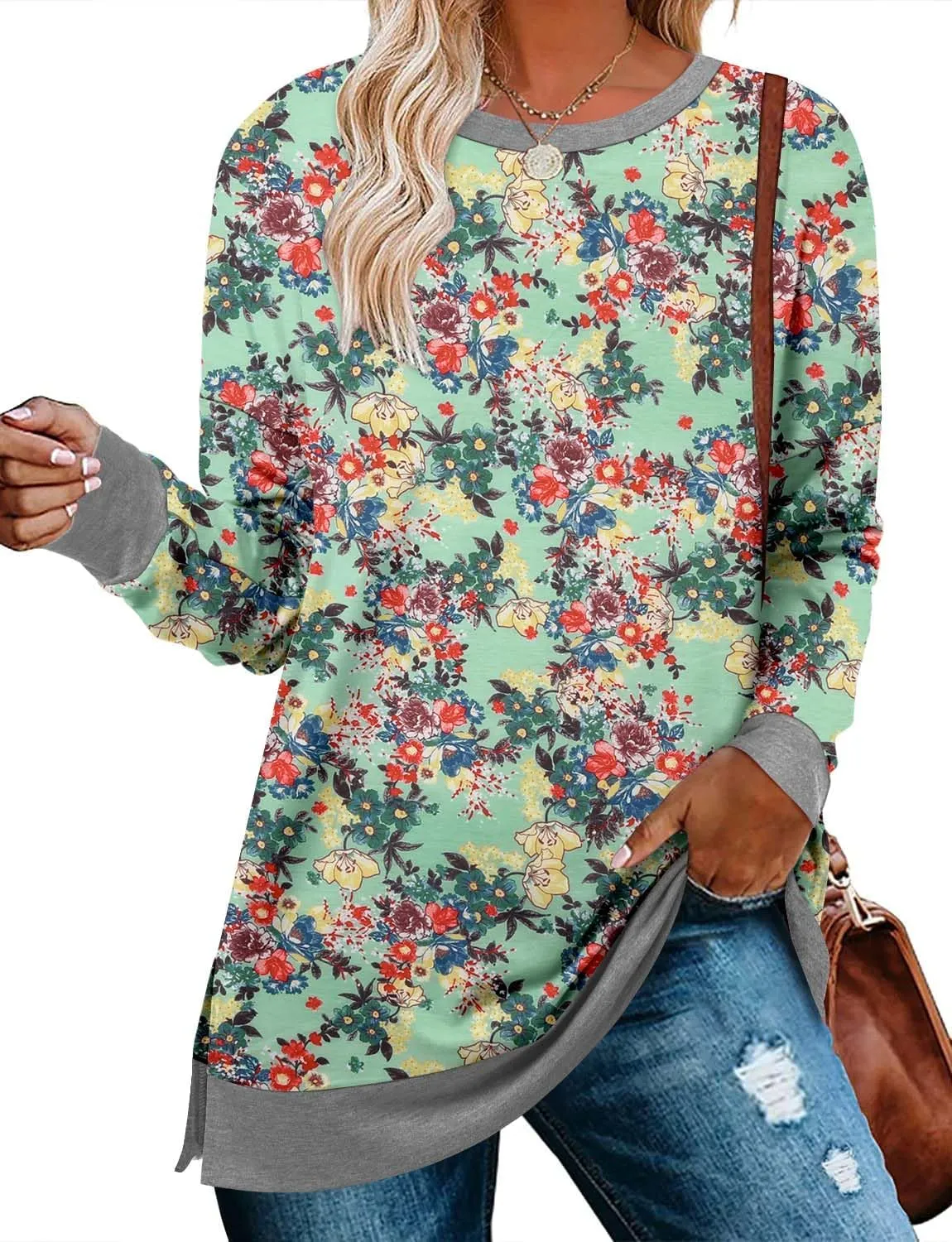 BETTE BOUTIK Women's Drop Long Sleeve Sweatshirts Casual Crewneck Tunic Tops Sweartshirts With Side Slits S-3XL