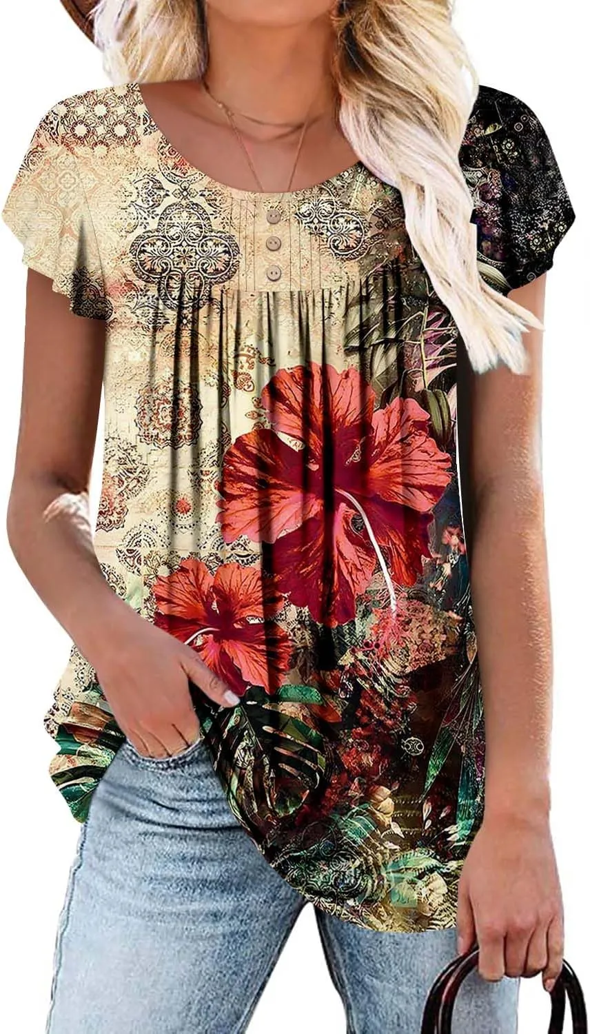 BETTE BOUTIK Women's Short Sleeve Summer Tunic Tops Flowy Flare Button Down Tunic Shirts Blouses S-3XL