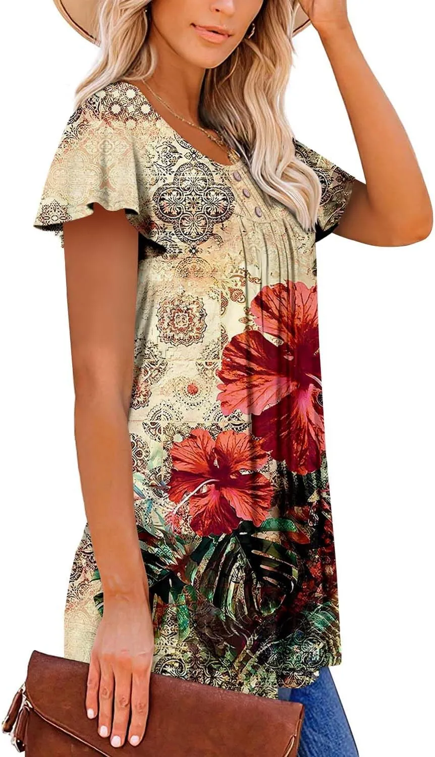 BETTE BOUTIK Women's Short Sleeve Summer Tunic Tops Flowy Flare Button Down Tunic Shirts Blouses S-3XL