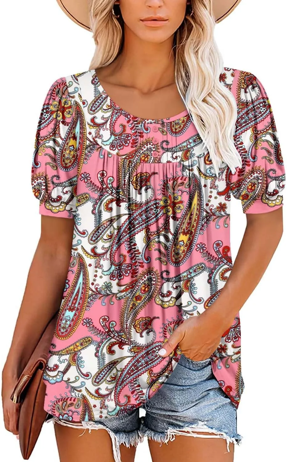 BETTE BOUTIK Women's Short Sleeve Summer Tunic Tops Flowy Flare Button Down Tunic Shirts Blouses S-3XL