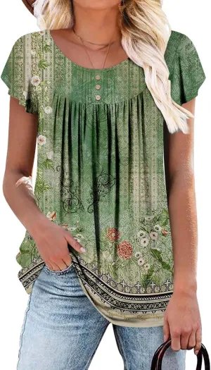 BETTE BOUTIK Women's Short Sleeve Summer Tunic Tops Flowy Flare Button Down Tunic Shirts Blouses S-3XL