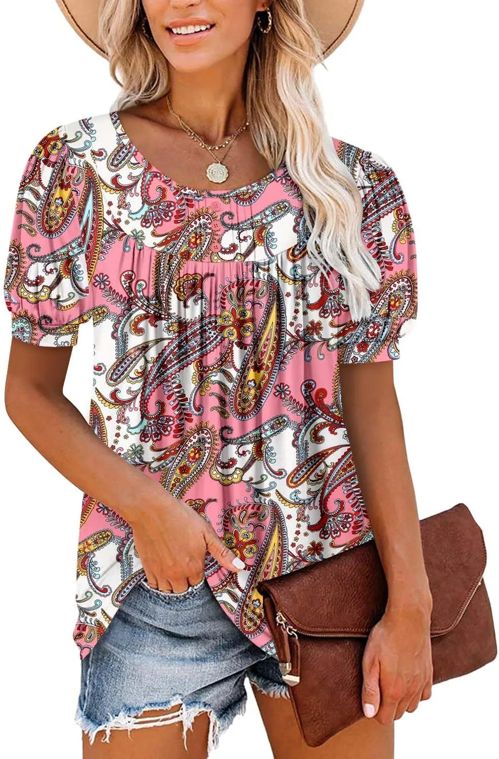 BETTE BOUTIK Women's Short Sleeve Summer Tunic Tops Flowy Flare Button Down Tunic Shirts Blouses S-3XL