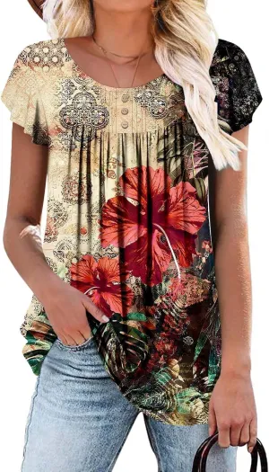 BETTE BOUTIK Women's Short Sleeve Summer Tunic Tops Flowy Flare Button Down Tunic Shirts Blouses S-3XL