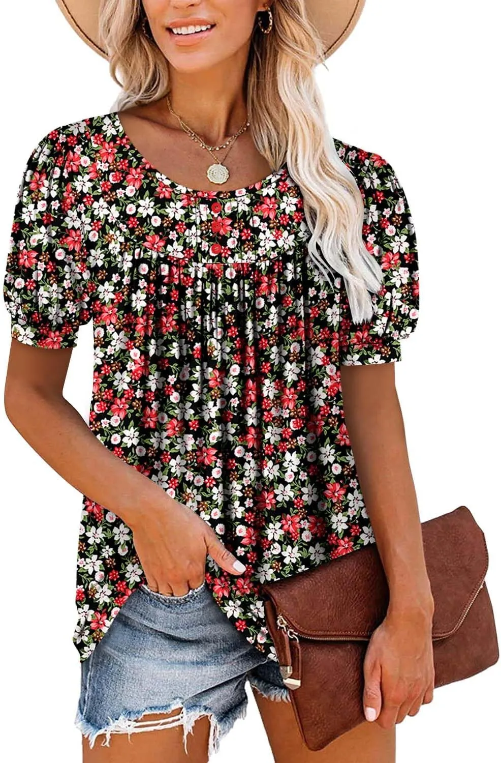 BETTE BOUTIK Women's Short Sleeve Summer Tunic Tops Flowy Flare Button Down Tunic Shirts Blouses S-3XL