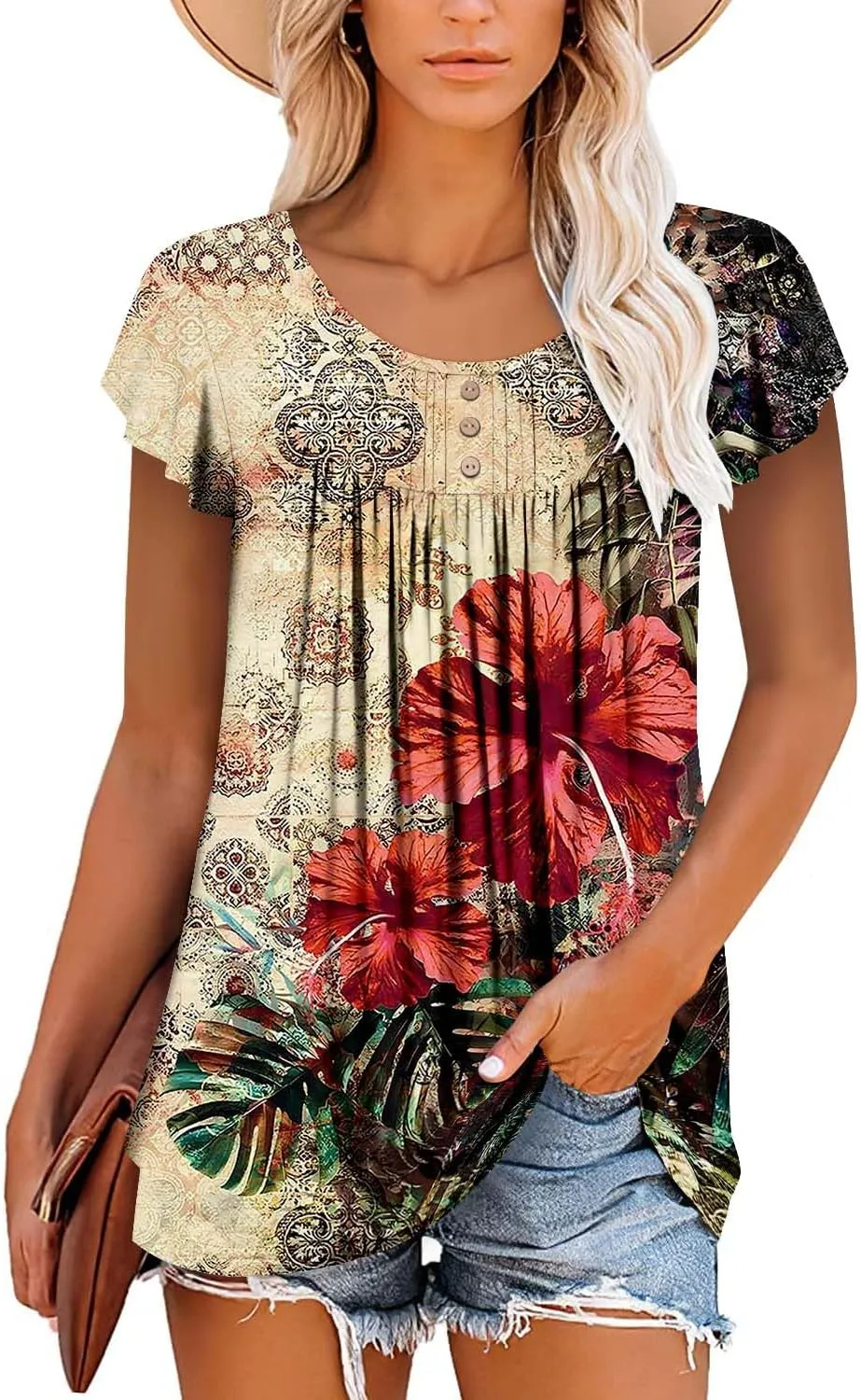 BETTE BOUTIK Women's Short Sleeve Summer Tunic Tops Flowy Flare Button Down Tunic Shirts Blouses S-3XL