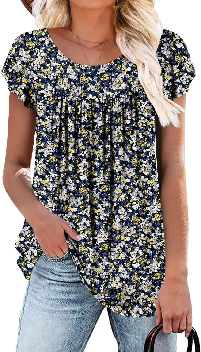 BETTE BOUTIK Women's Short Sleeve Summer Tunic Tops Flowy Flare Button Down Tunic Shirts Blouses S-3XL